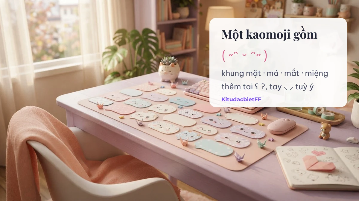 Cấu tạo kaomoji gồm khung mặt, má, mắt, miệng, tai và tay