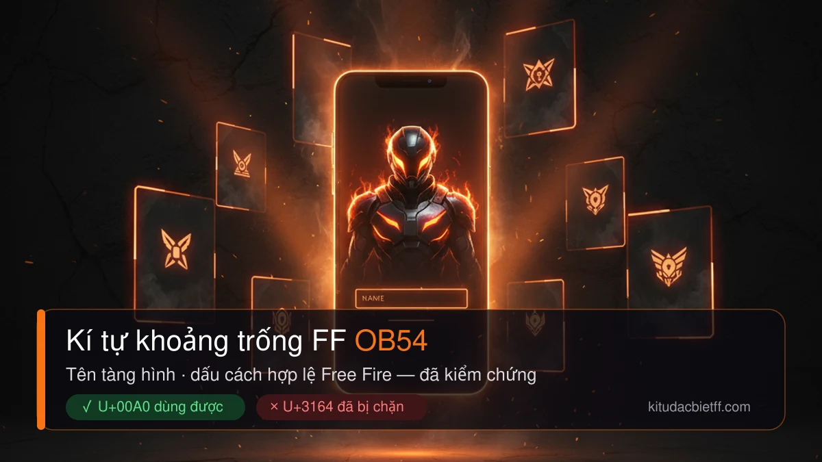 Kí tự khoảng trống Free Fire OB54 đã kiểm chứng Kí tự khoảng trống FF OB54 nền tối – U+00A0 dùng được, U+3164 đã bị chặn