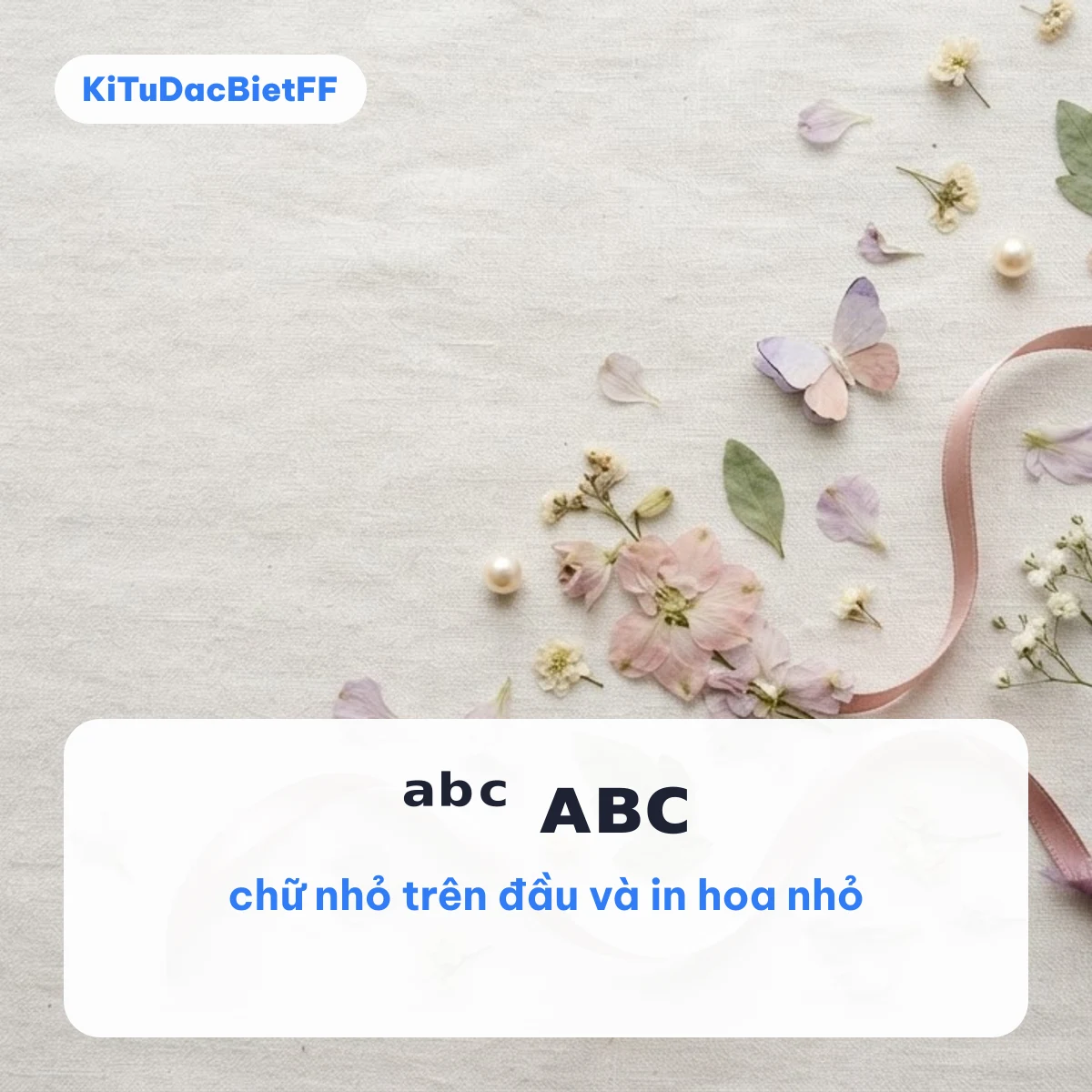 Kí tự chữ nhỏ trên đầu ᵃᵇᶜ và chữ in hoa nhỏ ᴀʙᴄ trên nền hoa khô và ruy băng